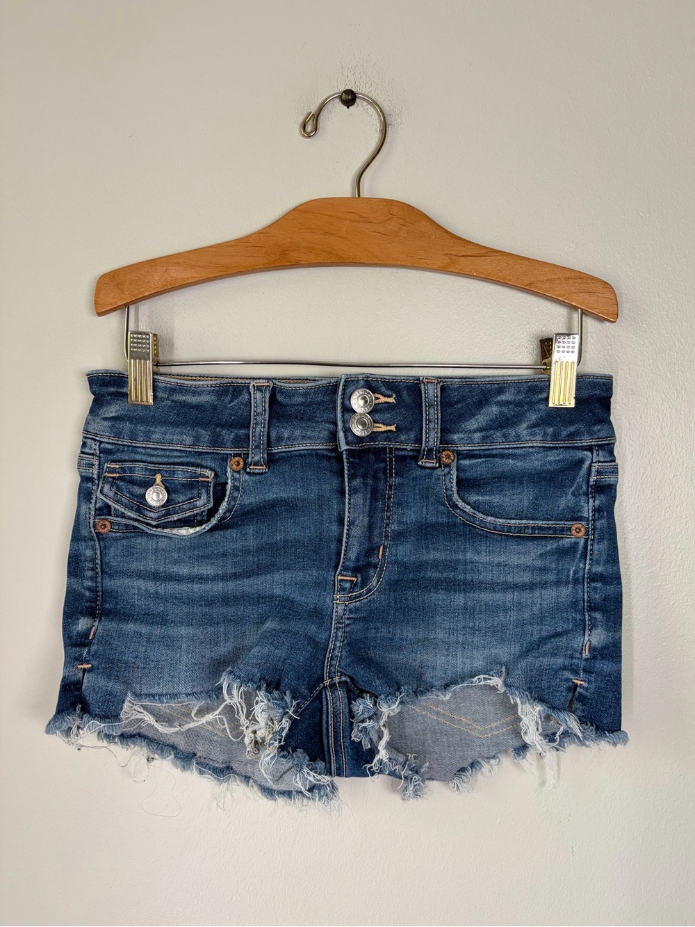 American Eagle Dark Medium Wash Flap Pocket Shortie Jean Micro Mini Shorts Y2K